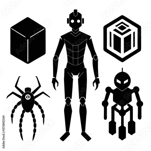 Diverse black robot and cube silhouettes white