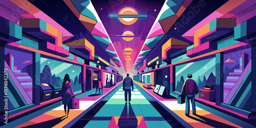 Abstract Futuristic Train Station with Passengers and Geometric Design in Vibrant Colors and Retro Style