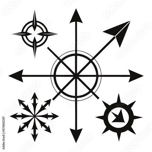 Diverse compass direction arrow icons black graphic elements navigation symbol