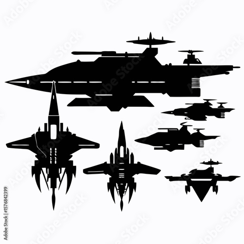 Diverse collection of futuristic spacecraft silhouettes in black spaceship science fiction
