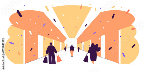 People Shopping in a Modern Mall with Geometric Design and Abstract Decoration Retail and Consumerism Concept Illustration