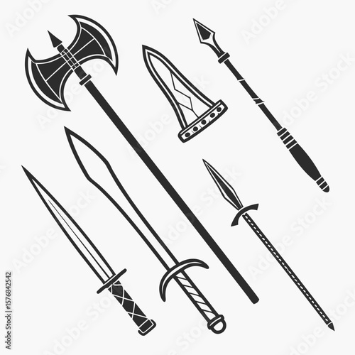 Diverse medieval weapon collection featuring axe sword spear and mace medieval weapons