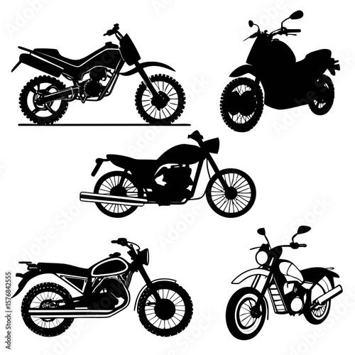 Diverse motorcycle silhouettes black and white motorbike cruiser