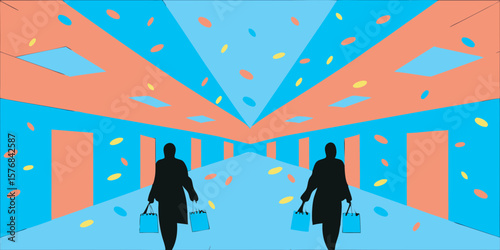 Abstract Illustration of Shoppers Walking Down a Mall Hallway with Bags and Colorful Shapes Overhead Retail Concept