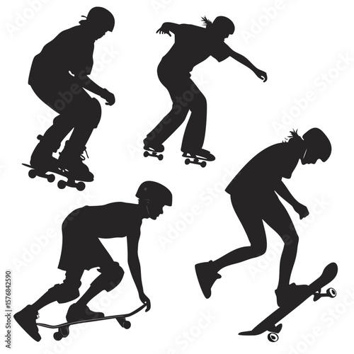 Diverse skateboarders performing tricks in dynamic poses silhouettes action