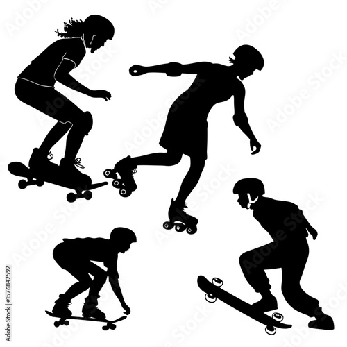 Diverse skaters performing action sports on skateboards and roller skates recreation