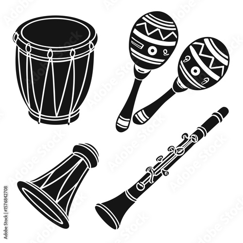 Drum maracas clarinet horn musical instruments vector