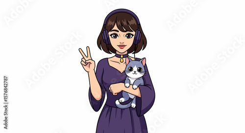 A young woman with headphones holds a cute cat, giving a peace sign.