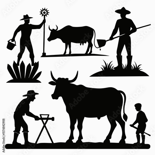 Farmers and oxen working in fields agriculture farming