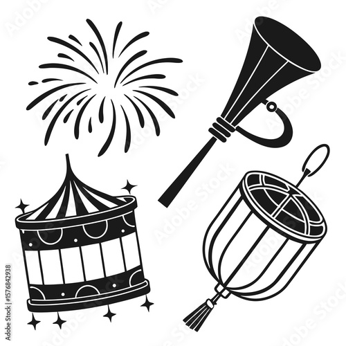 Festive celebration objects silhouette collection black white
