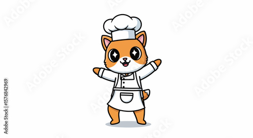 Cartoon Shiba Inu dog character wearing chef's uniform, waving happily.