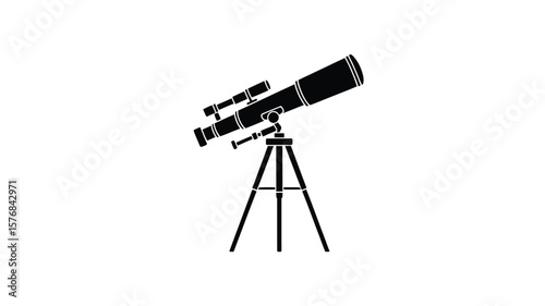 Black silhouette of a telescope on a tripod against a white background