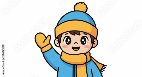 Cartoon boy in winter clothes waving hello.