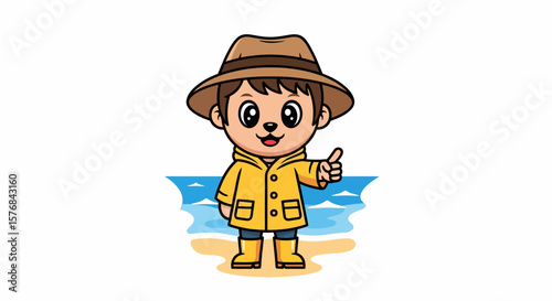 Cute cartoon animal character, wearing a raincoat and hat, standing on a beach, pointing.