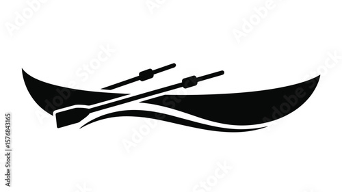 Stylized black silhouette of a canoe with two oars crossing over the water