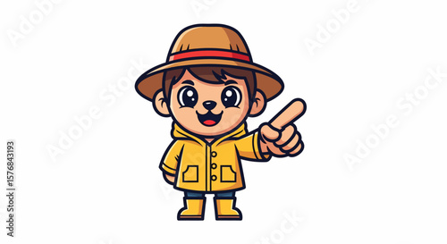Cartoon character, wearing a raincoat and hat, pointing with a finger.