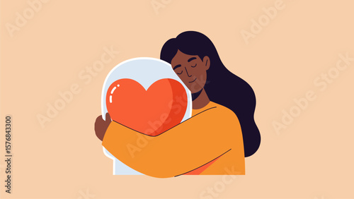 Woman Embracing a Heart, Self-Love and Wellbeing Illustration