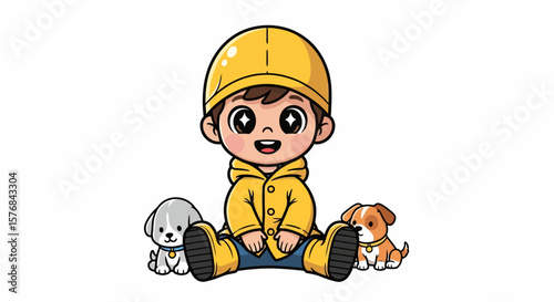 A cheerful toddler in a yellow raincoat sits happily with two small puppies.
