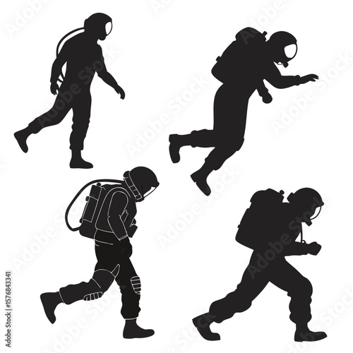 Four black astronaut silhouettes in motion against white background space suit