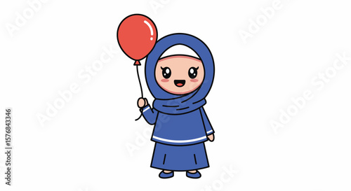 Cute cartoon girl in a hijab holding a red balloon, a cheerful illustration.