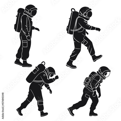 Four black astronaut silhouettes in motion space suit black and white