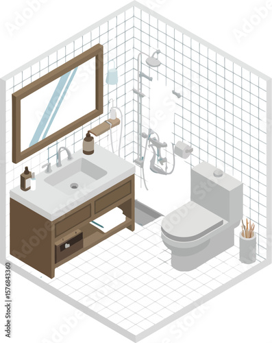 Isometric bathroom scene featuring a sink toilet shower and tiled walls floor