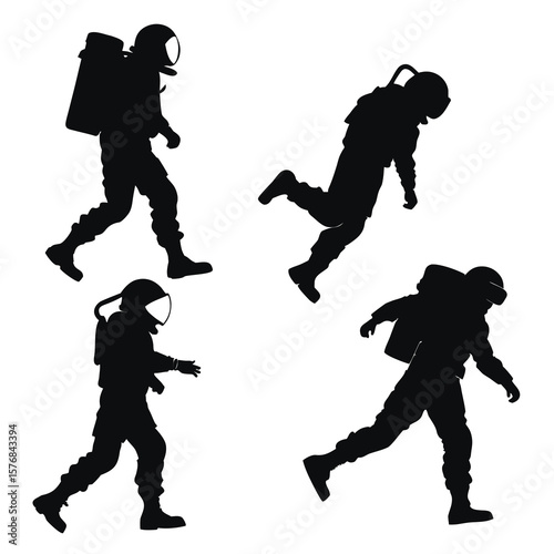Four black astronaut silhouettes in motion on white background space suit