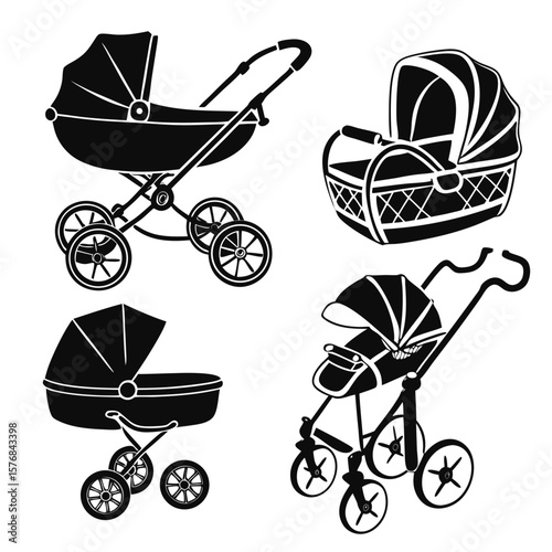 Four black baby strollers and cradles silhouettes baby carriage pram