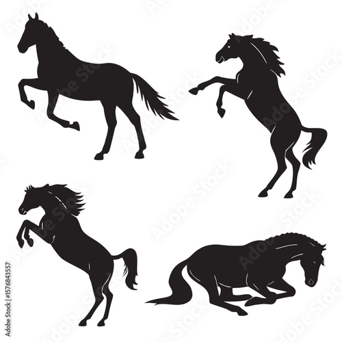 Four black horse silhouettes in dynamic poses galloping standing