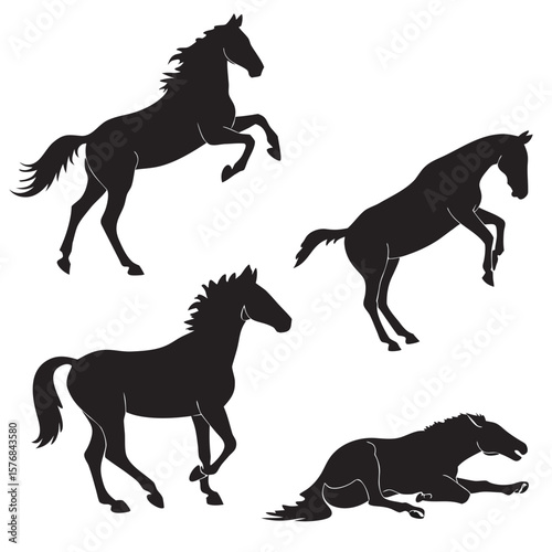 Four black horse silhouettes in various poses galloping rearing
