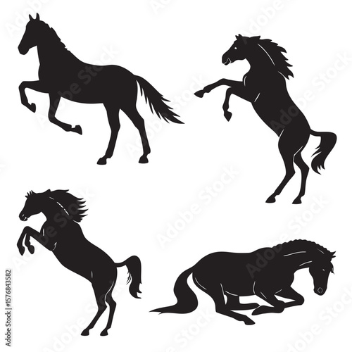 Four black horse silhouettes in various poses galloping standing