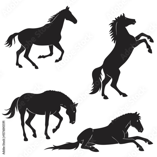 Four black horse silhouettes in various poses galloping standing