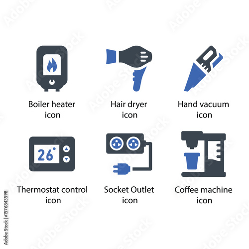 Boiler heater, Hair dryer, Hand vacuum, Thermostat control, Socket Outlet, Coffee machine, icon