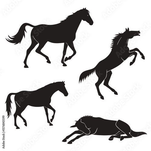 Four black horse silhouettes in various poses galloping standing