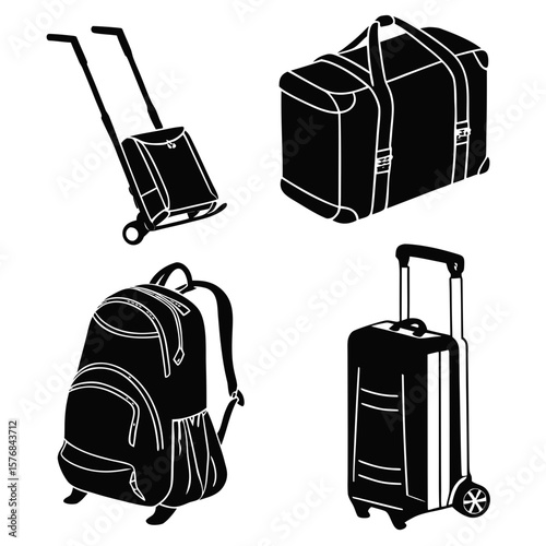 Four black luggage types travel bags suitcase backpack