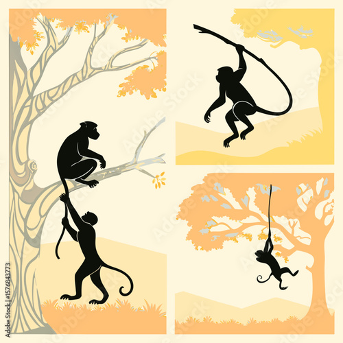 Four Black Monkey Silhouettes Swinging and Sitting in Trees branch