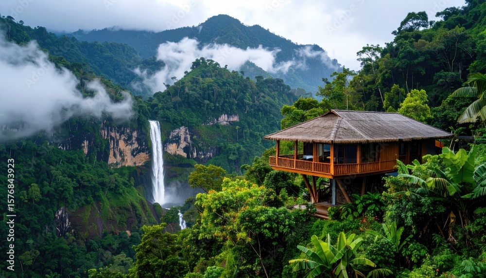 Fototapeta premium Lush rainforest, waterfall, and treehouse