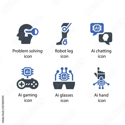 Problem solving, Robot leg, Ai chatting, Ai gaming, Ai glasses, Ai hand, icon