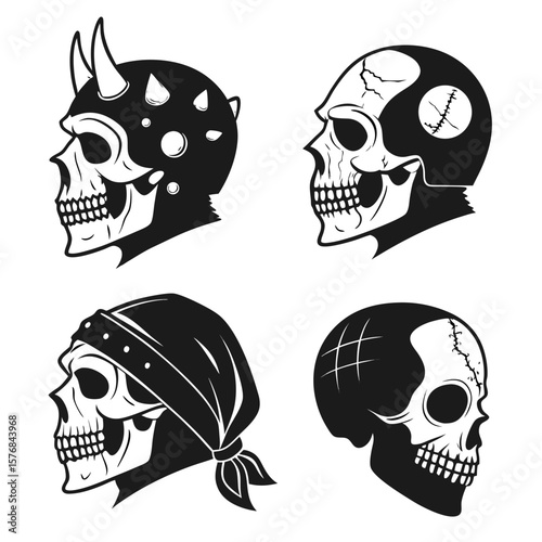 Four black skull illustrations with varied headwear skulls black and white