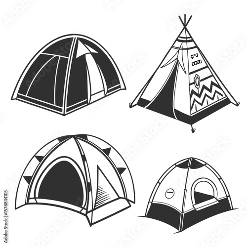 Four camping shelter silhouettes dome teepee tunnel tent dome tent