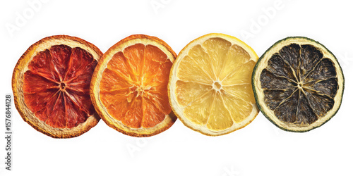 Four dried citrus fruit slices including blood orange orange lemon and lime isolated on transparent background