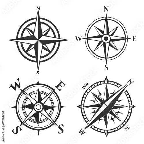 Four compass rose directional navigation icons north south