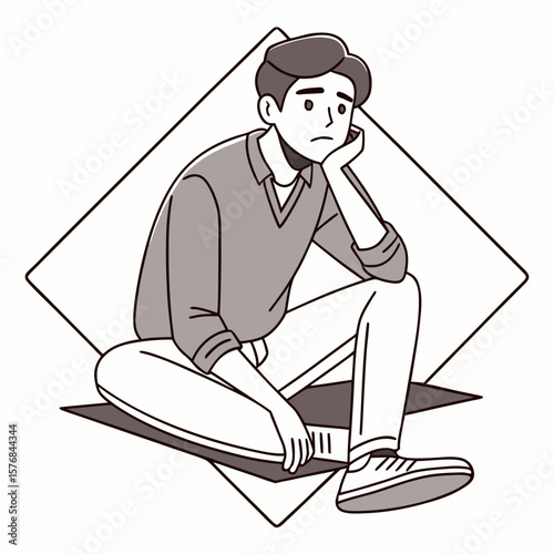 A young man sitting thoughtfully with a hand resting on his chin looking concerned