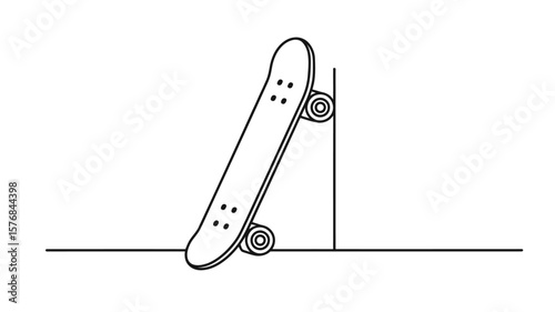 Simple line drawing of a skateboard leaning against a wall and ground