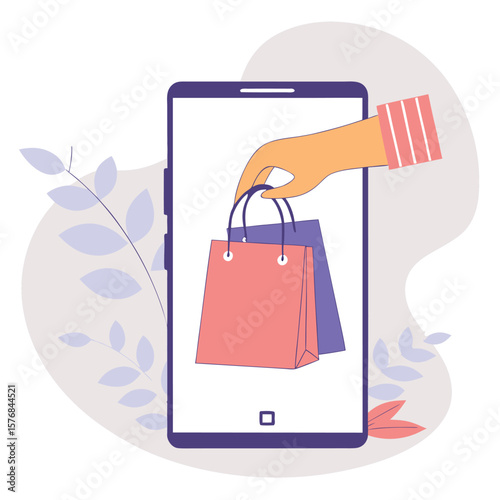 Online Shopping Experience with Mobile Devices and Hand Holding Bags