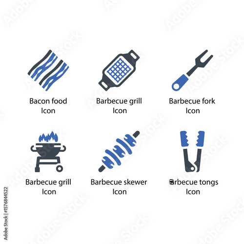 Bacon food, Barbecue grill, fork, grill, skewer, tongs, icon
