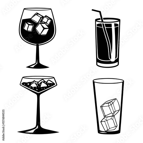 Four stylized drinks with ice cubes glasses beverages