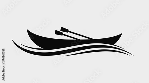 Black silhouette of a rowboat with oars on wavy water