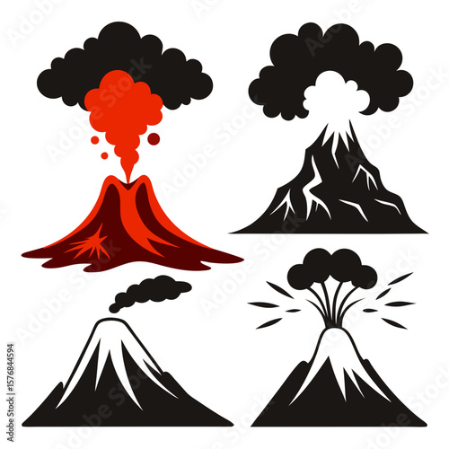 Four volcanic eruptions with smoke and lava volcano fire