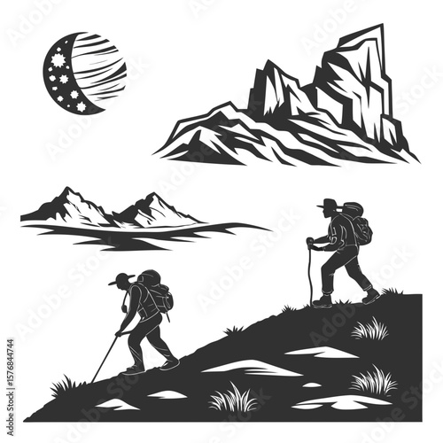 Hikers ascend rocky terrain under a celestial body hiking mountains